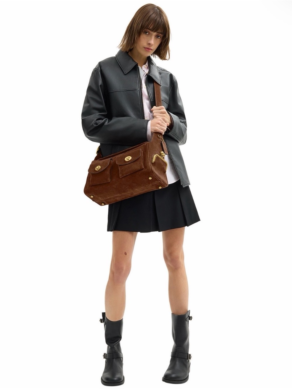 Coach Brown Suede Shoulder Bag with Gold-Tone Hardware